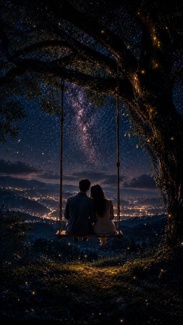 Couple on a Tree Swing under the Milky Way