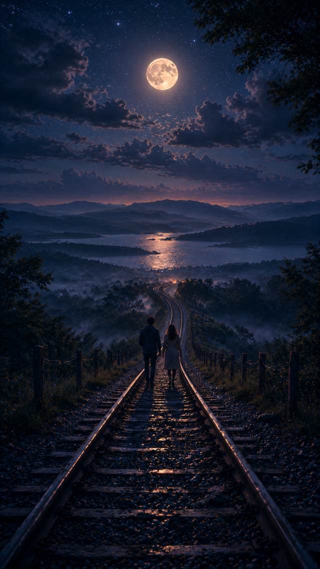 Couple Walking Railway Tracks under the Moon