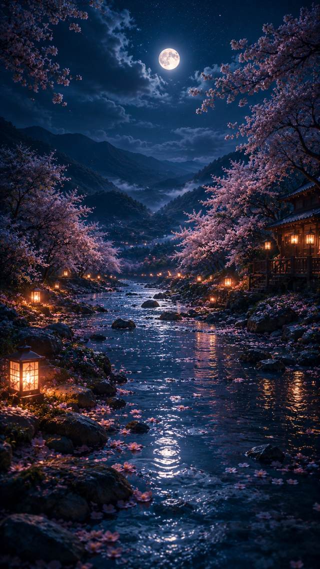 Cherry Blossom Moonlit River