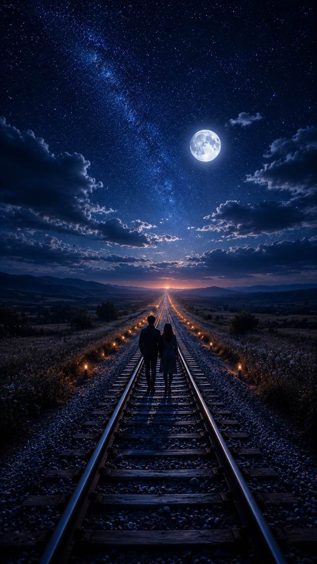 Couple Walking Railway Tracks under the Milky Way