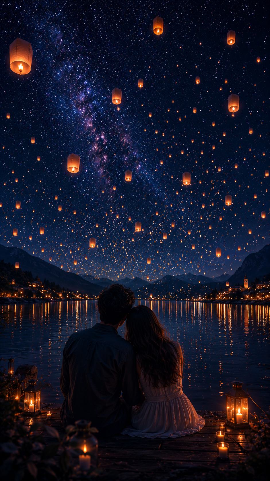 Couple Watching Sky Lanterns over a Lake
