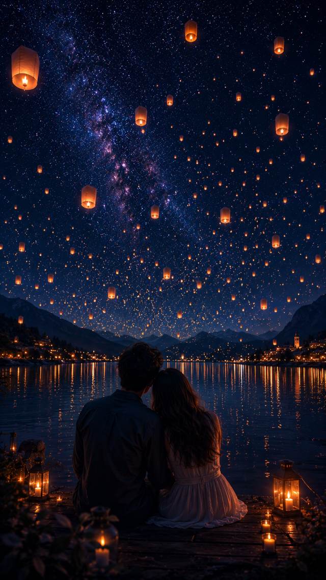 Couple Watching Sky Lanterns over a Lake