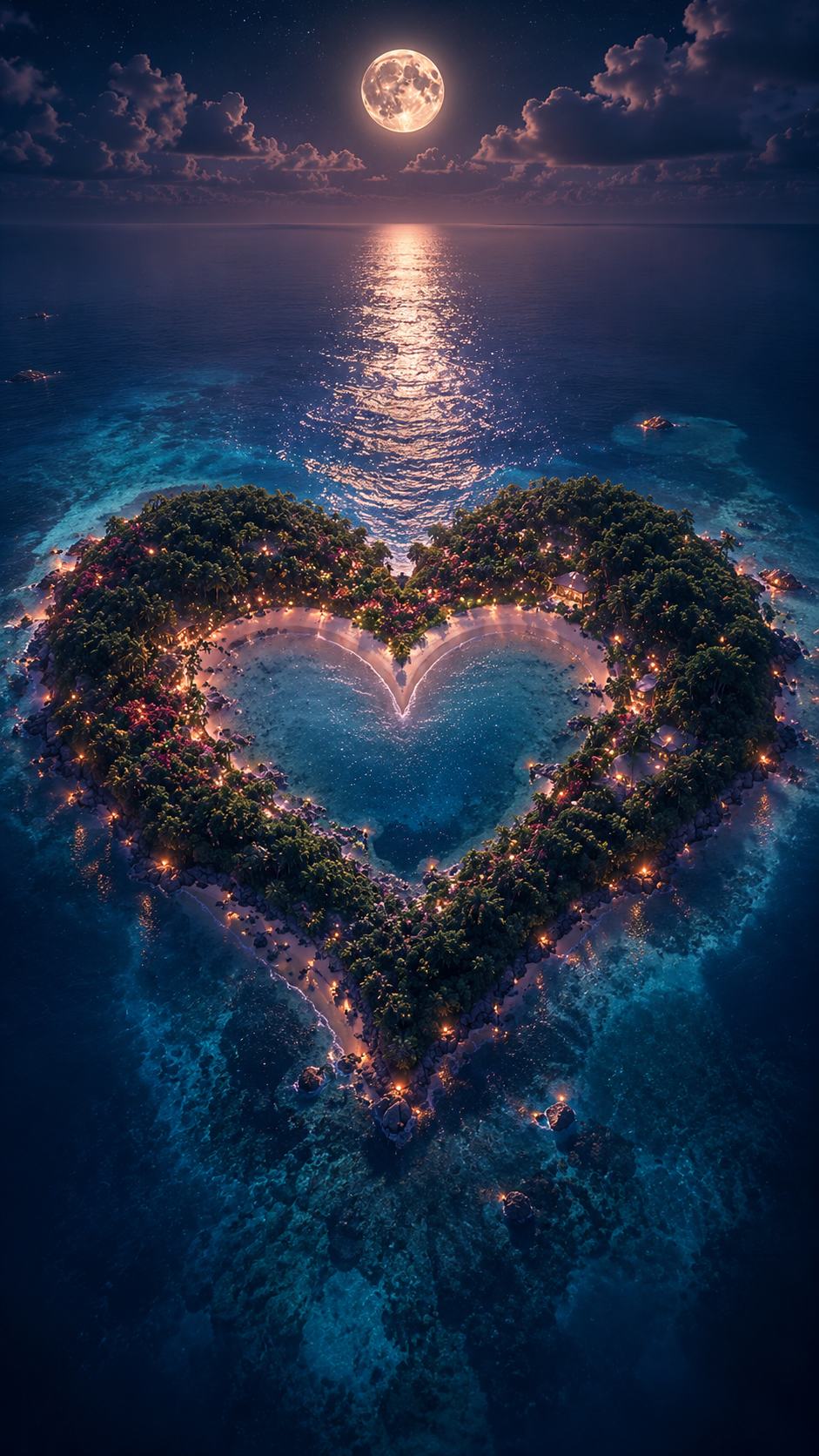 Heart-shaped Island Lagoon under the Moon