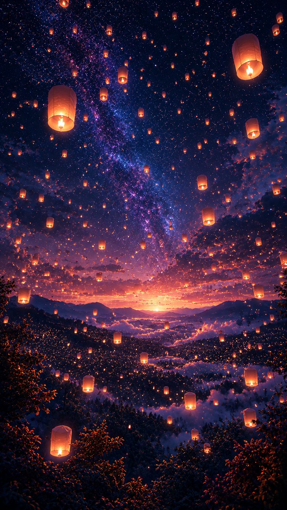 Sky Lanterns over a Sunset Valley