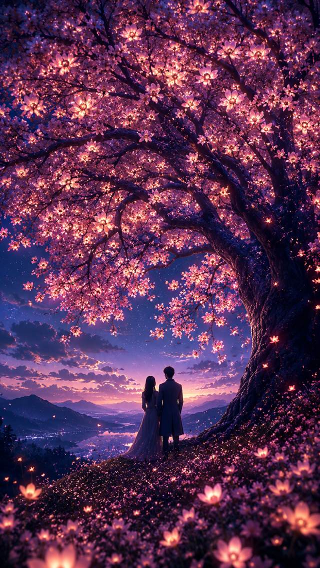 Couple Beneath a Pink Blossom Tree
