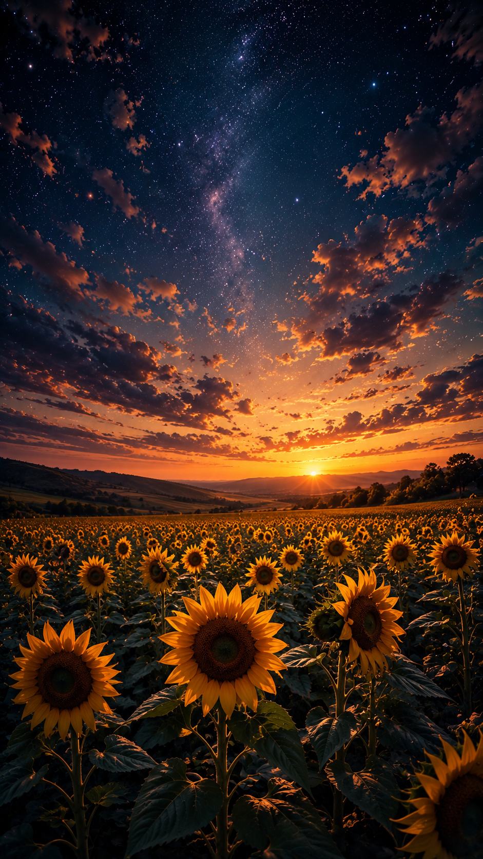 Sunflower Field at Sunset under Stars