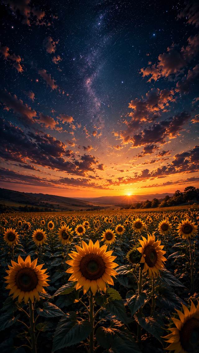Sunflower Field at Sunset under Stars