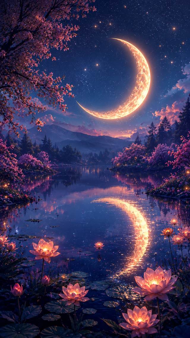 Crescent Moon Lake with Glowing Lotuses