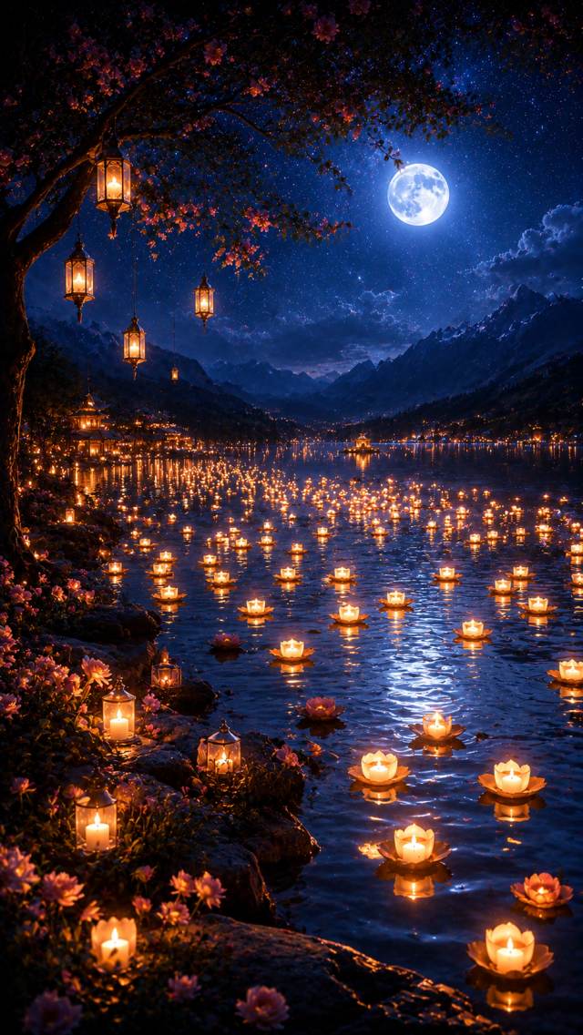 Floating Candle Lake under the Moon