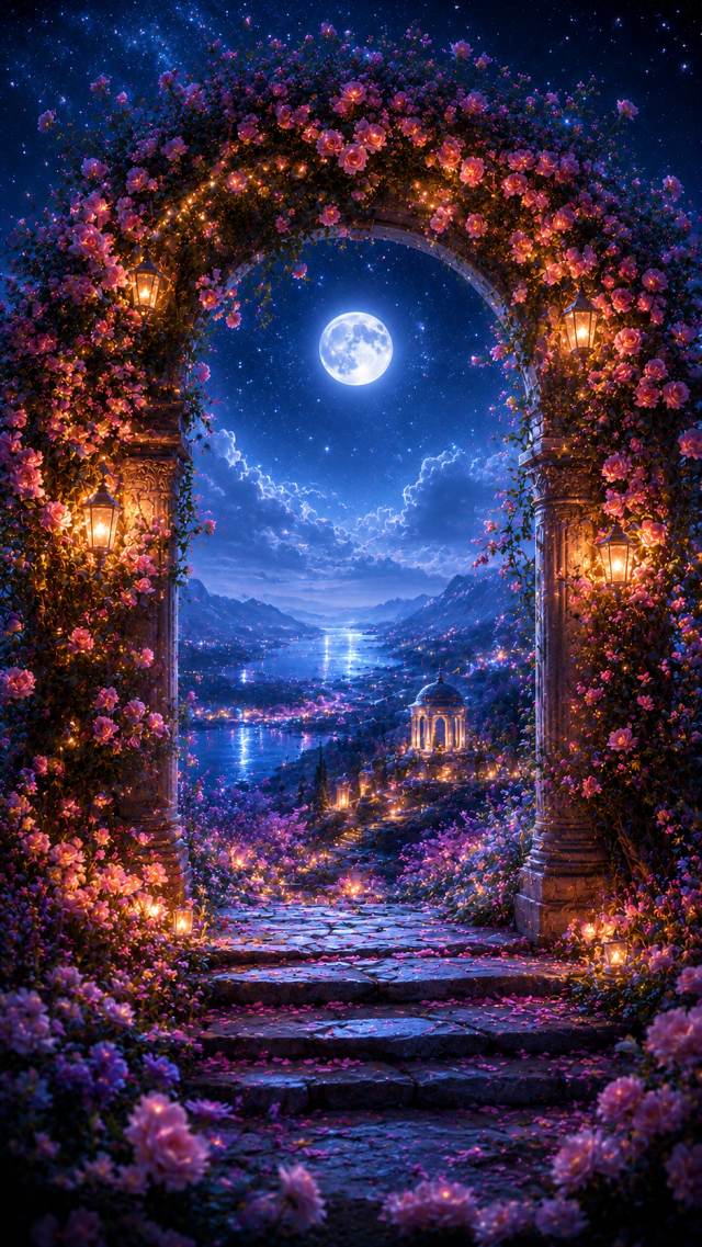 Rose Arch Framing a Moonlit Lake