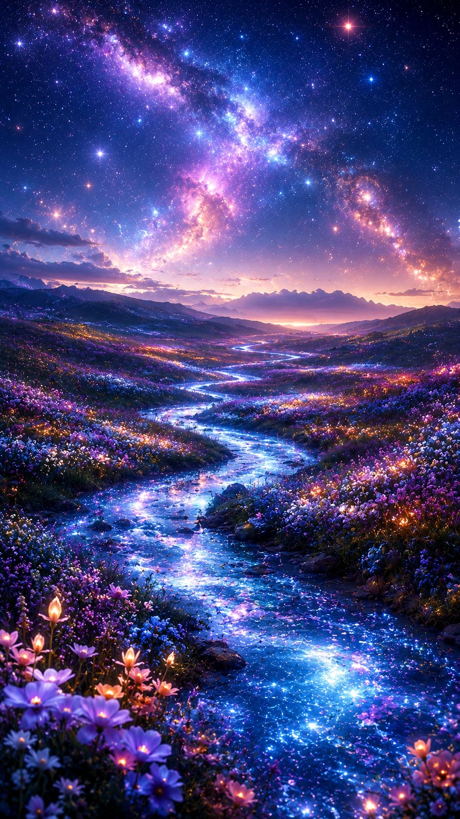 Glowing River Through a Flower Valley