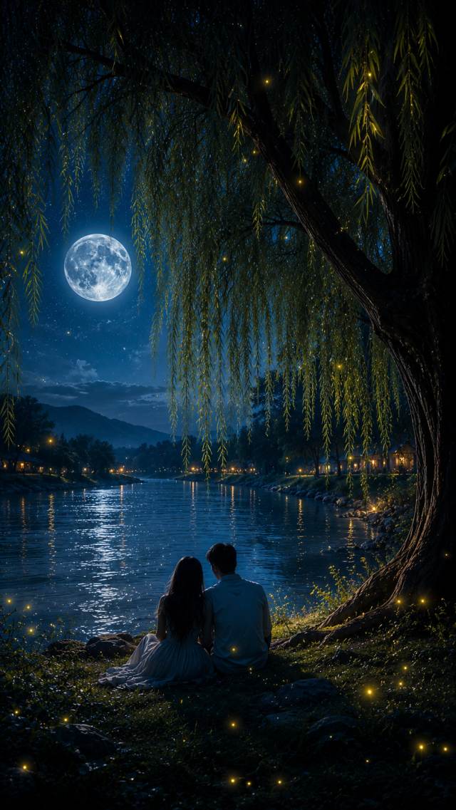 Couple Beside a Moonlit Willow Lake