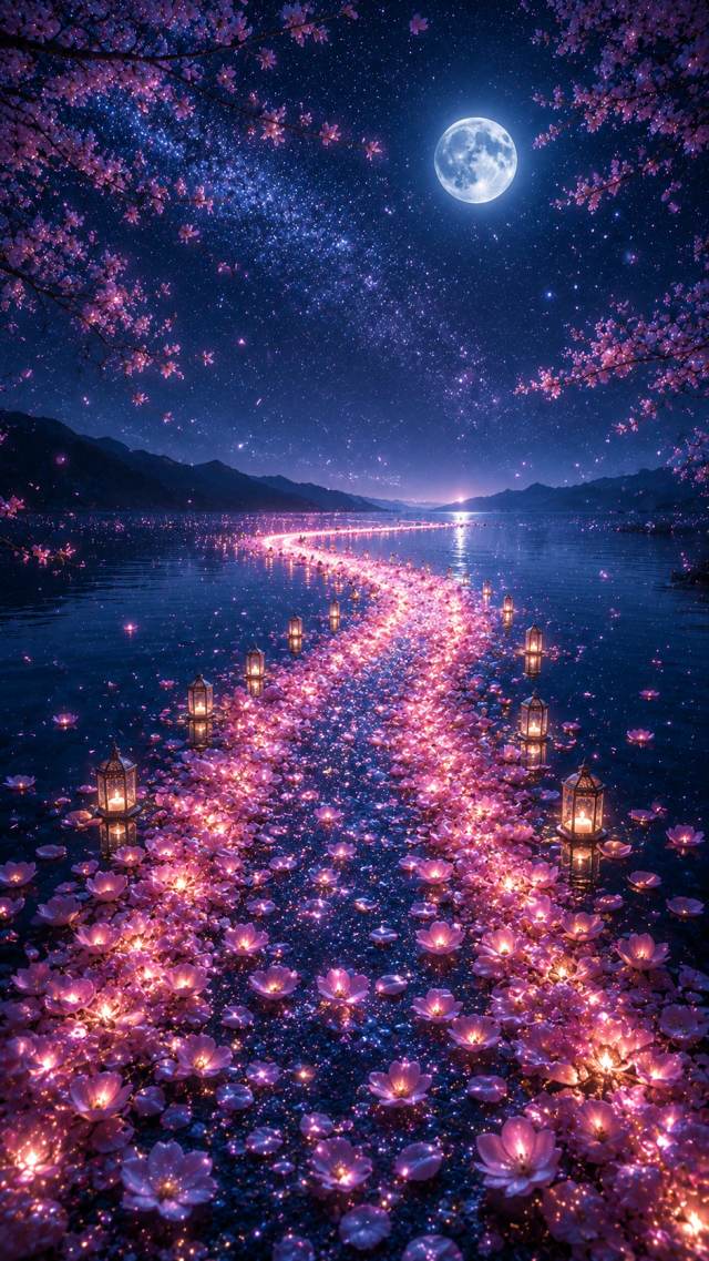 Glowing Flower Trail Across a Lake