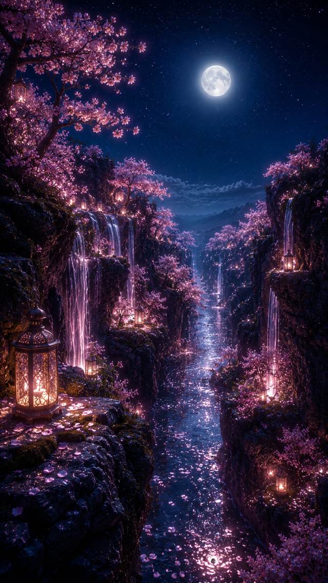 Cherry Blossom Waterfalls under the Moon
