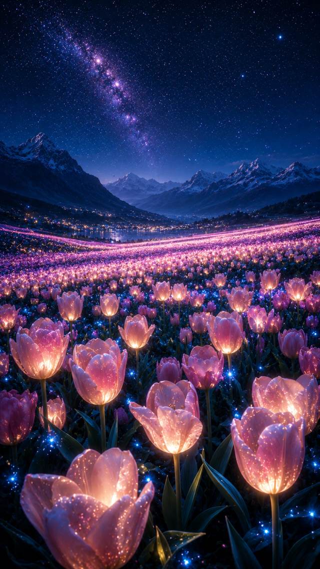 Glowing Tulip Field under the Milky Way