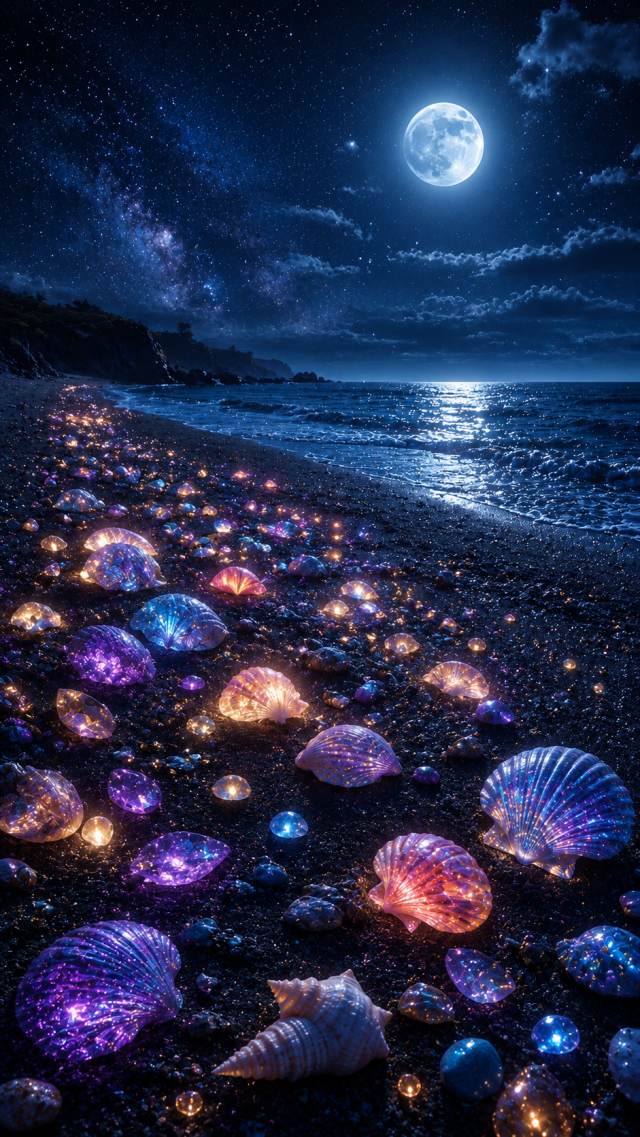 Glowing Seashell Beach under the Moon