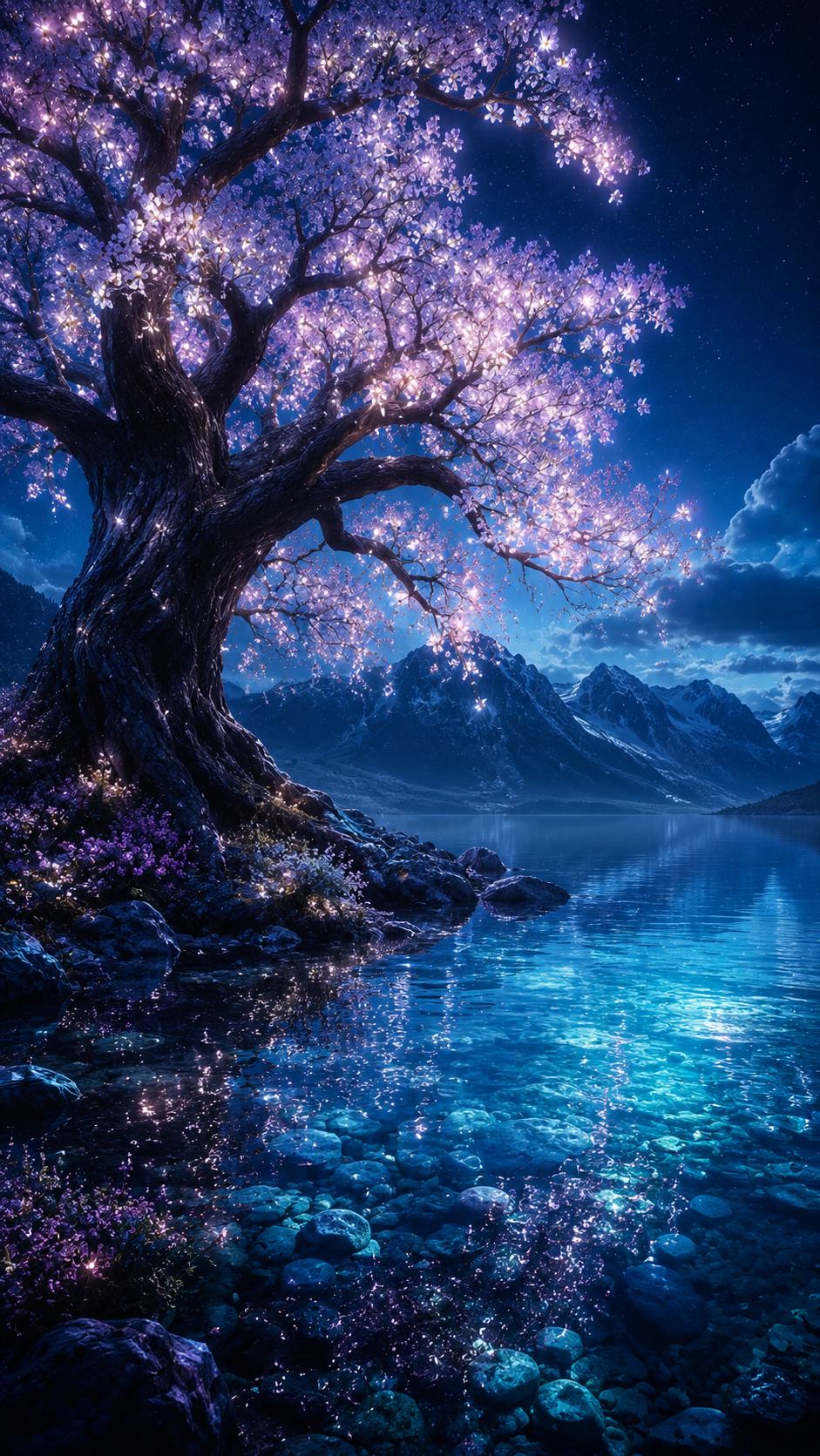 Glowing Cherry Tree by a Moonlit Lake