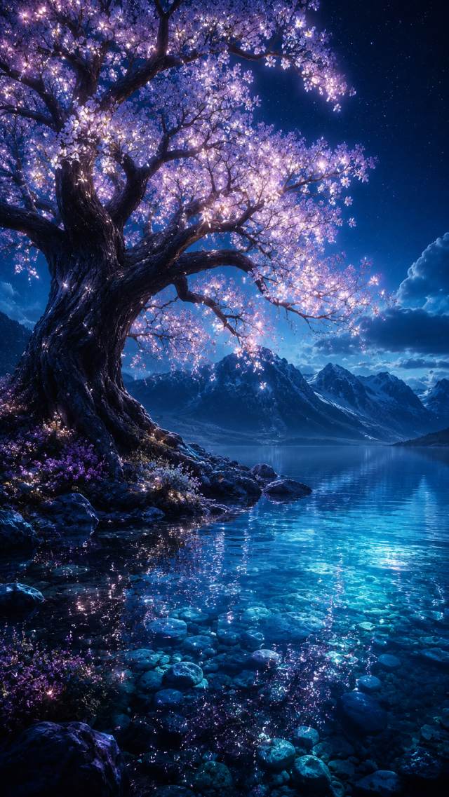 Glowing Cherry Tree by a Moonlit Lake