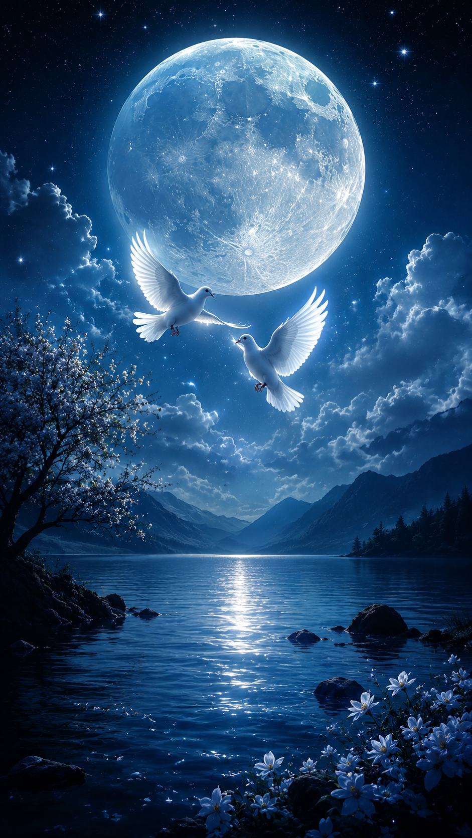 Doves Flying Before a Full Moon Lake