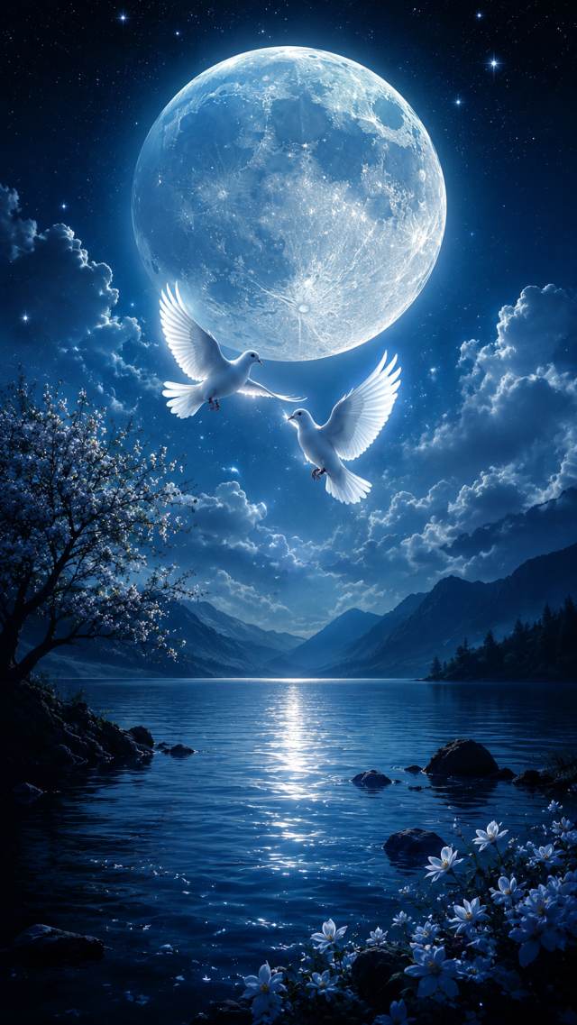 Doves Flying Before a Full Moon Lake