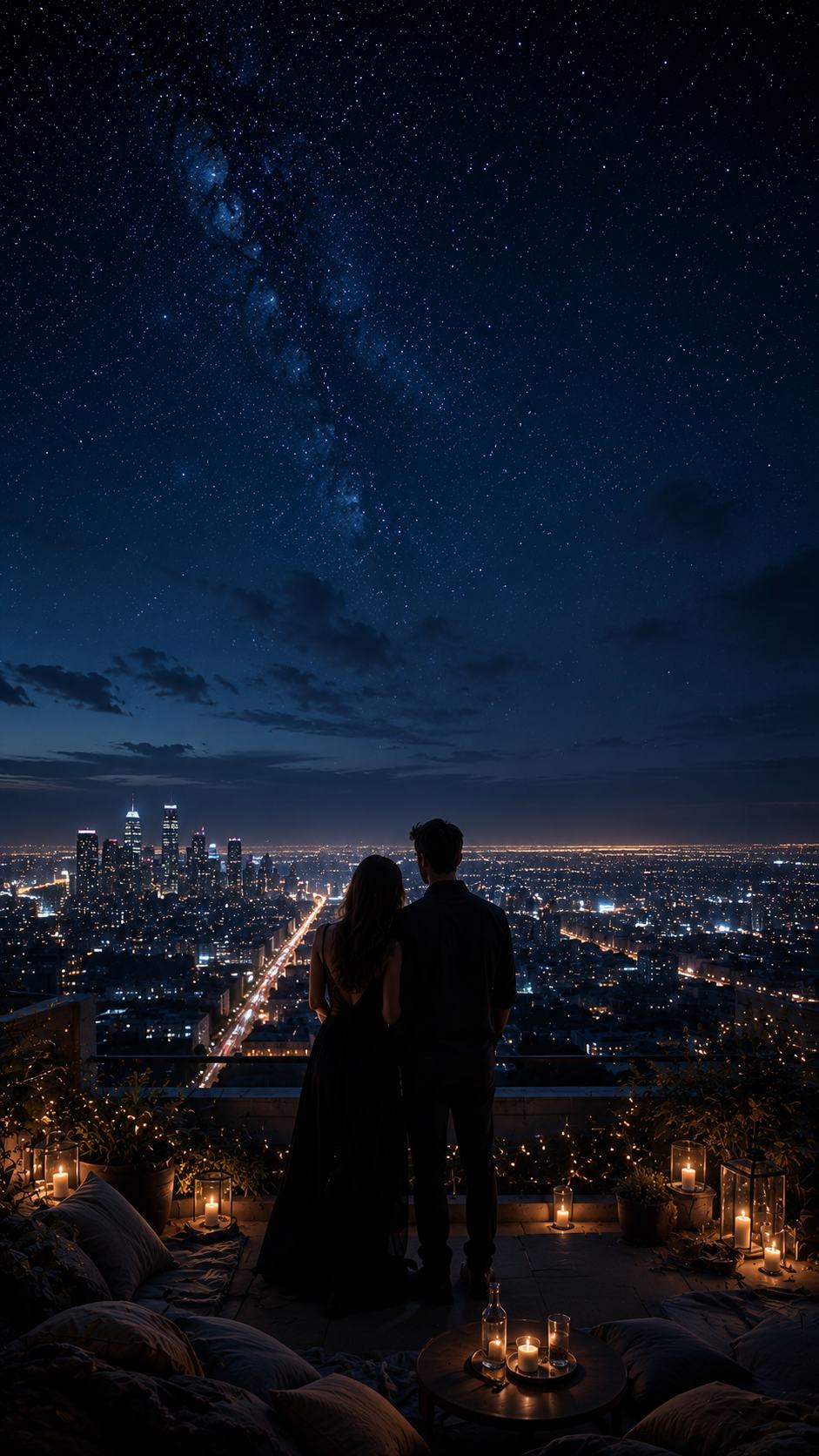 Couple Overlooking a City under the Milky Way