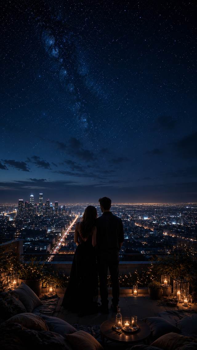 Couple Overlooking a City under the Milky Way
