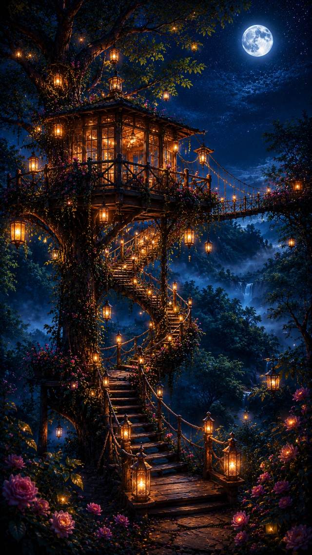 Lantern Treehouse in a Moonlit Garden