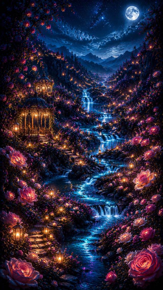 Moonlit Rose Stream Valley