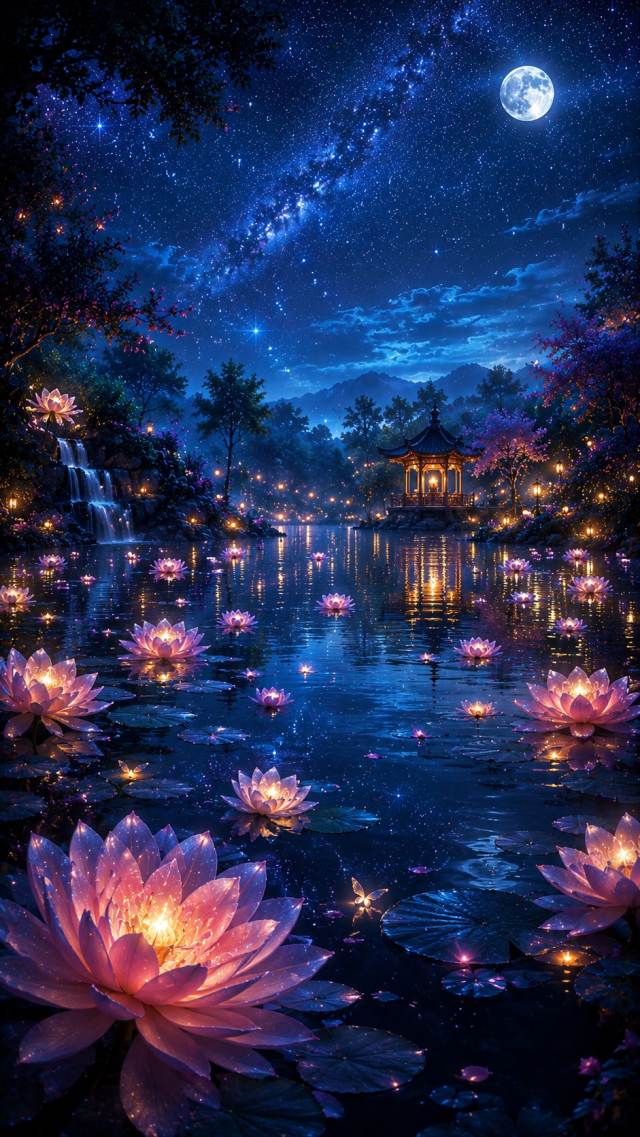 Lotus Lake with a Pavilion under the Moon