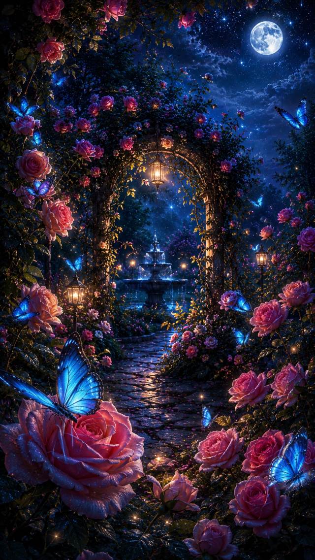 Rose Arch and Butterfly by a Moonlit Lake