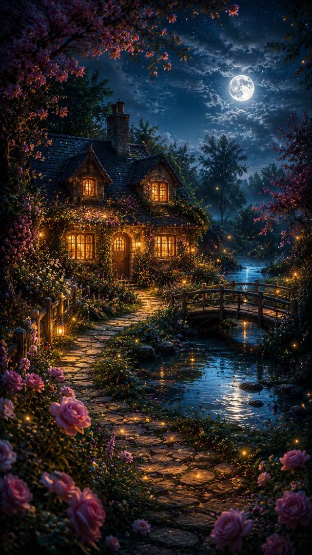 Moonlit Cottage Garden Bridge