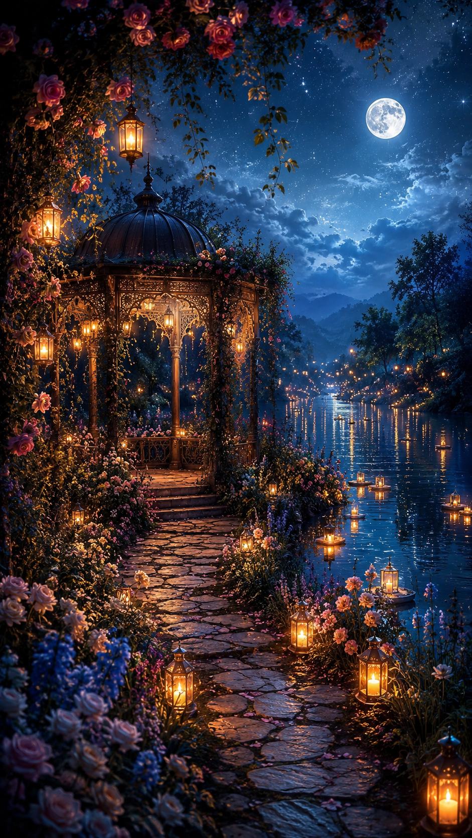 Lantern Garden Path by a Lake