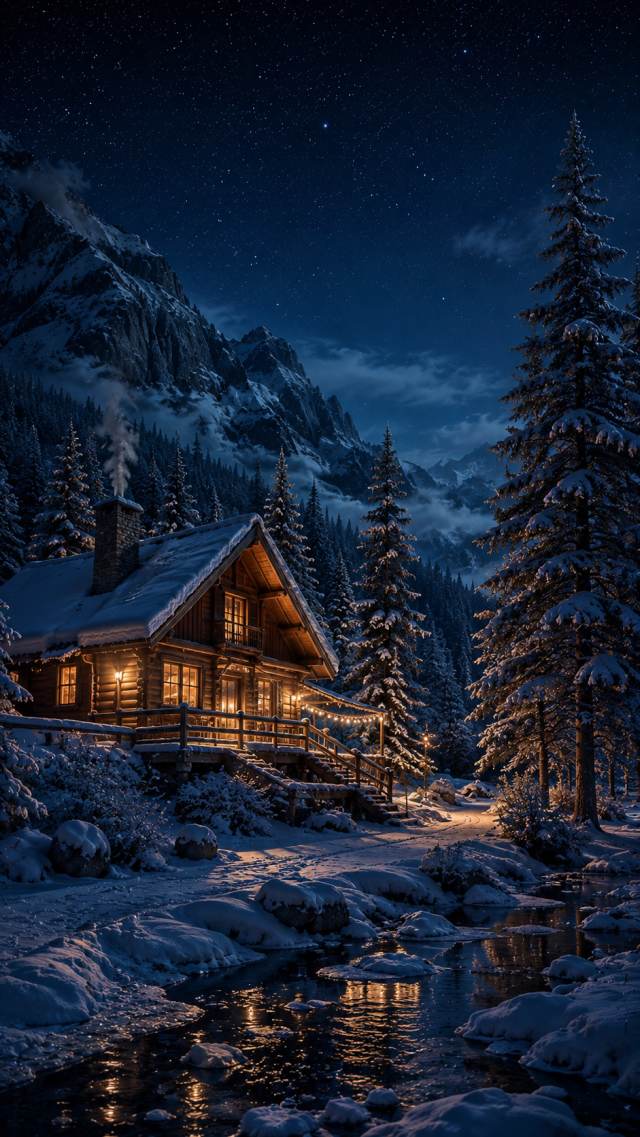 Snowy Cabin under a Full Moon