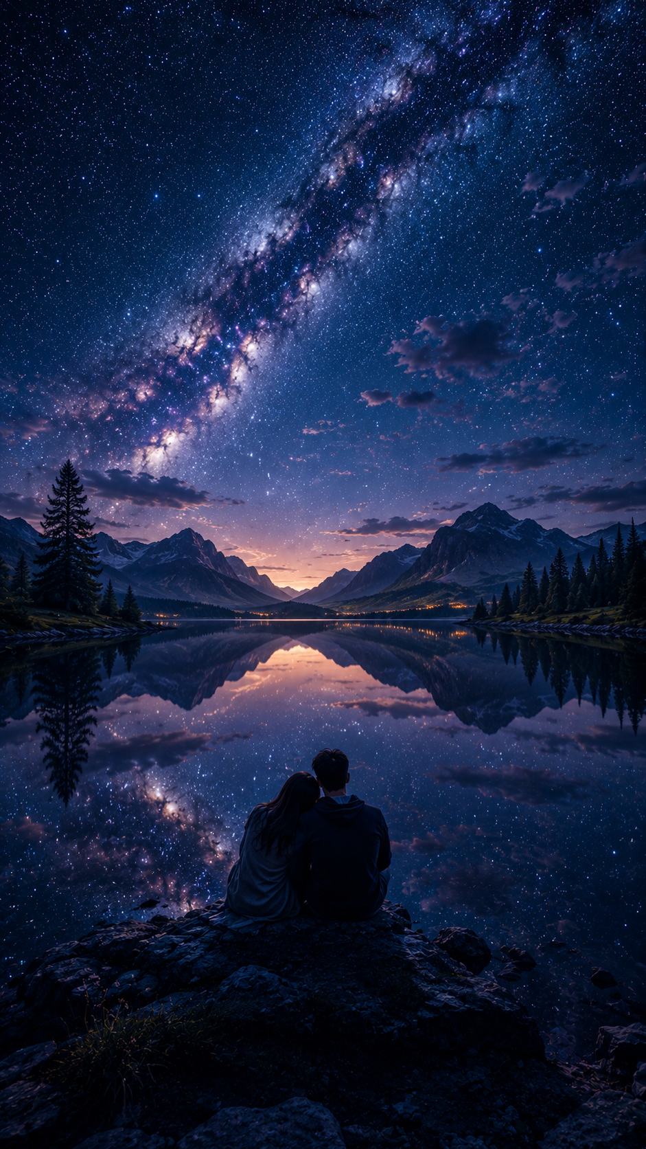 Couple Beside a Mirrored Lake under the Milky Way