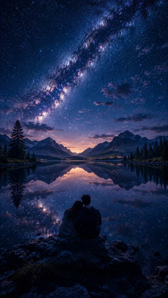 Couple Beside a Mirrored Lake under the Milky Way