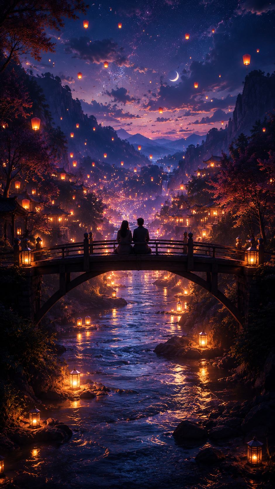 Couple on a Bridge in a Lantern Valley