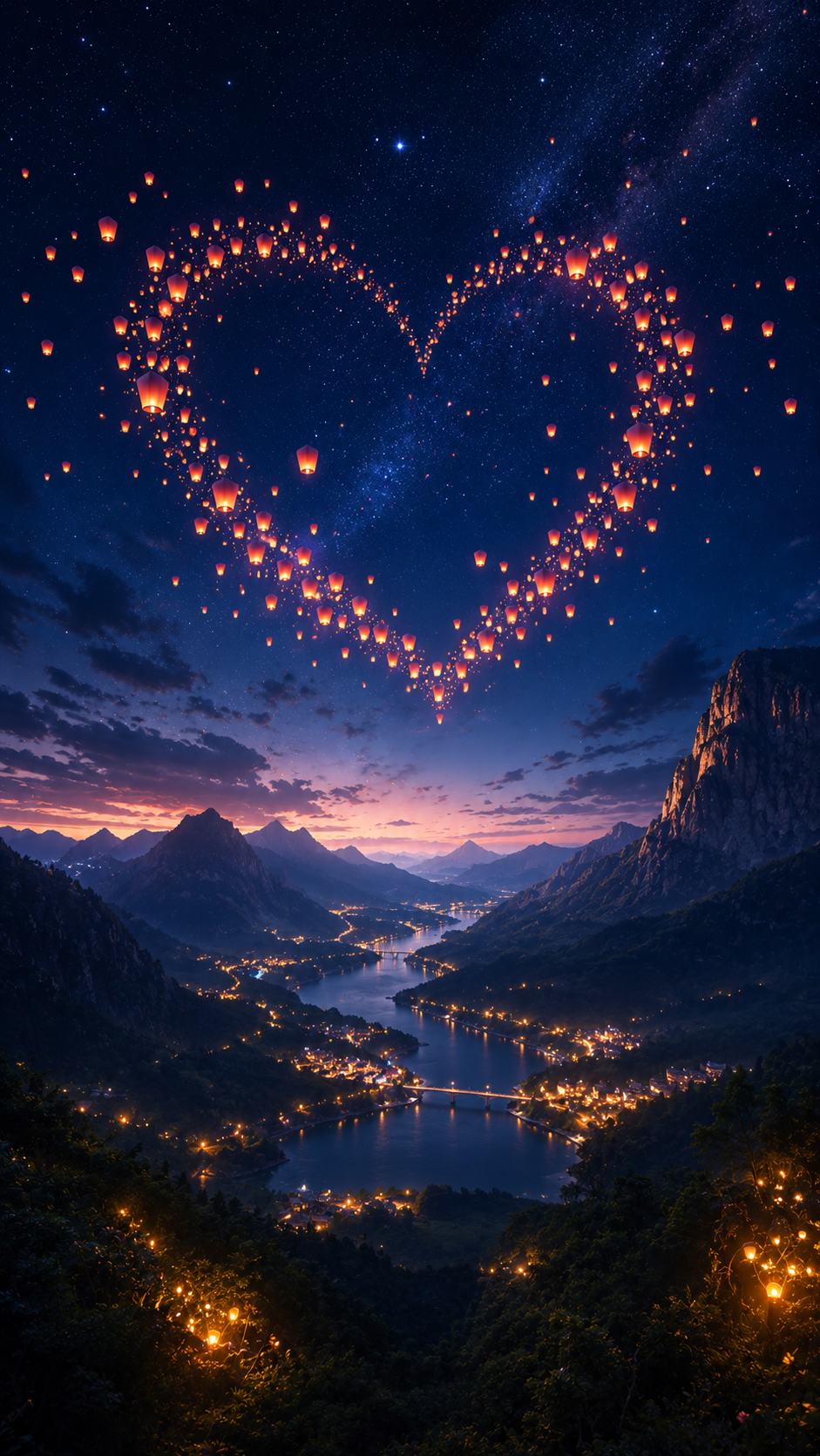 Heart Sky Lanterns Above a Valley