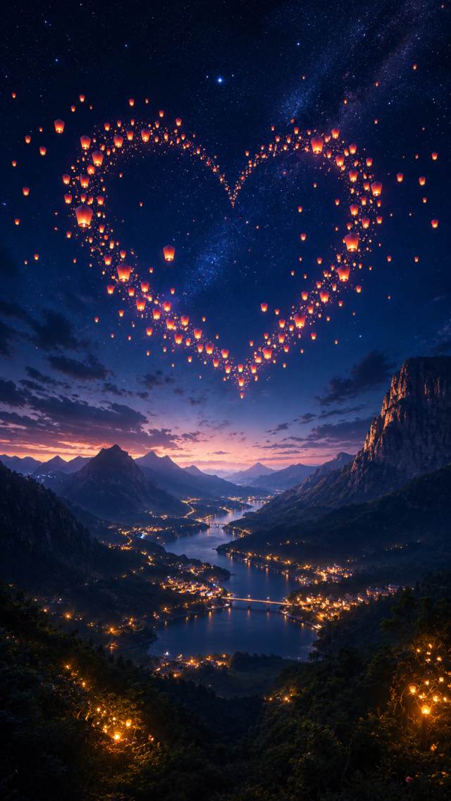 Heart Sky Lanterns Above a Valley