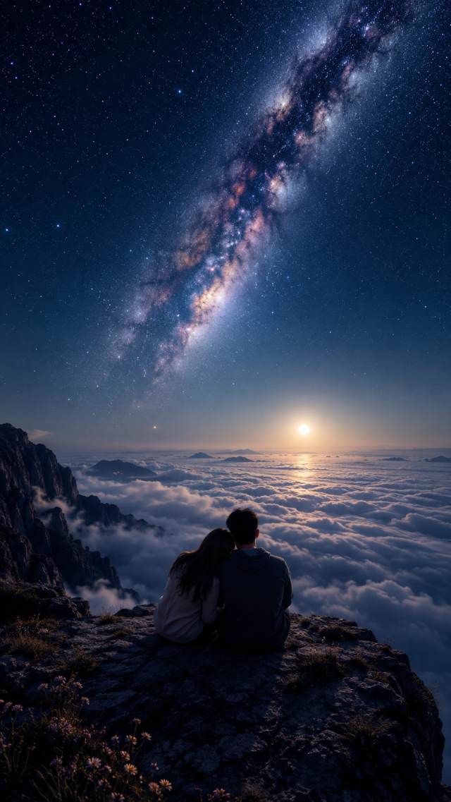 Couple Above Clouds under the Milky Way Sunrise