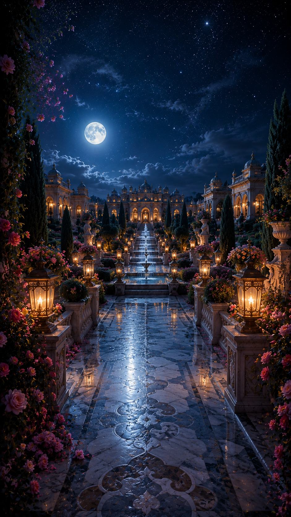 Moonlit Palace Garden Reflecting Pool